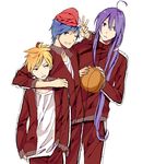  3boys ahoge baseball_cap basketball black_eyes blonde_hair blue_eyes blue_hair frown grin hat kagamine_len kaito kamui_gakupo long_hair male male_focus multiple_boys peace purple_eyes purple_hair short_hair smile track_suit v vocaloid 