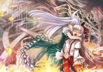  bow burning chinese closed_eyes dress ex-keine fire fujiwara_no_mokou hair_bow horns hoshinokaoru hug kamishirasawa_keine long_hair multiple_girls open_mouth red_eyes scroll silver_hair tears touhou translated very_long_hair 