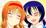  2girls blue_hair blush d-frag! female funabori funebori gradient gradient_background headband multiple_girls orange_hair school_uniform smile takao_(d-frag!) twintails 