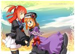  ai-wa armband bad_id bad_pixiv_id black_legwear blue_eyes bow check_translation dress elbow_gloves eva_beatrice fang flower gloves grin hair_bobbles hair_ornament hat multiple_girls orange_hair pleated_skirt red_flower red_hair red_rose ribbon rose skirt smile thighhighs translated translation_request umineko_no_naku_koro_ni ushiromiya_ange zettai_ryouiki 