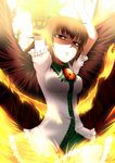  arm_cannon arms_up breasts brown_hair byoubyou highres long_hair medium_breasts red_eyes reiuji_utsuho serious skirt solo symbol-shaped_pupils touhou weapon wings 