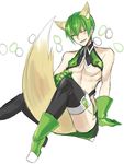  animal_ears aya_(min412) bad_id bad_pixiv_id bare_shoulders between_legs blazblue boots cosplay crossdressing fox_ears fox_tail gloves green_footwear hazama highres makoto_nanaya makoto_nanaya_(cosplay) male_focus miniskirt nipple_slip nipples one_eye_closed skirt solo tail tail_between_legs thighhighs 