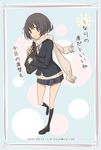  bag black_eyes black_hair blazer jacket kneehighs necktie original sakebuotoko scarf school_uniform short_hair skirt solo translated 