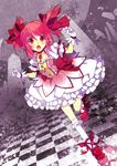  bow bubble_skirt checkered checkered_floor girly_running gloves hair_bow jewelry kaname_madoka magical_girl mahou_shoujo_madoka_magica necklace open_mouth pink_hair pink_skirt red_eyes running shirokitsune shoes short_hair skirt solo tears tile_floor tiles twintails white_gloves 