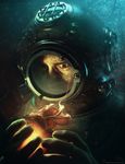  brown_eyes crack diving_helmet diving_suit facial_hair glowing helmet highres male_focus monster mustache original photorealistic randis realistic scared solo sweat underwater 