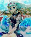  aqua_background bad_id bad_pixiv_id blonde_hair coat flower frills green_eyes hairband imouto_111 kneeling long_hair shirley_fennes shorts smile solo tales_of_(series) tales_of_legendia v_arms 