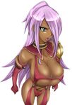  breasts cleavage dark_skin dragonaut erect_nipples garnet_mclane green_eyes hair_over_one_eye large_breasts long_hair metadora purple_hair simple_background 