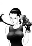  1girl black_hair braid breasts gantz gun large_breasts lips monochrome sakuraoka_sei tank_top weapon 