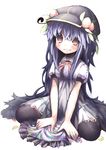  adapted_costume bad_id bad_pixiv_id black_legwear bow bowtie food fruit goose_h grin hat hinanawi_tenshi long_hair pantyhose peach petals purple_hair red_eyes sitting smile solo touhou wariza 