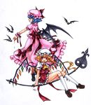  aoilio bad_id bad_pixiv_id bat bat_wings blonde_hair blood blue_hair dress flandre_scarlet hat laevatein marker_(medium) multiple_girls red_eyes remilia_scarlet ribbon shoes siblings sisters sitting socks standing touhou traditional_media weapon wings 