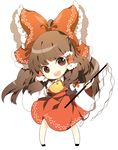  :d ascot bow brown_eyes brown_hair chibi gohei hair_bow hakurei_reimu light_smile lowres open_mouth roh_nam_kyung simple_background smile solo standing touhou 