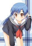  bent_over blue_hair brown_eyes idolmaster idolmaster_(classic) kisaragi_chihaya long_hair odayan school_uniform serafuku solo 