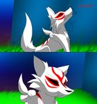  amaterasu canine deity female feral grass in_mouth red_stripes snap white wolf ōkami 