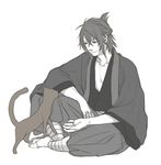  bad_id bad_pixiv_id cat chest folded_ponytail greyscale hakuouki_shinsengumi_kitan japanese_clothes male_focus minato_(robin) monochrome okita_souji_(hakuouki) open_clothes solo 