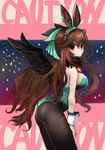  alternate_costume animal_ears annoyed ass bare_shoulders black_legwear bow brown_hair bunny_ears bunnysuit frown gobou_(gbu) hair_bow hands_on_thighs leaning_forward long_hair looking_at_viewer pantyhose parted_lips red_eyes reiuji_utsuho solo third_eye touhou very_long_hair wings wrist_cuffs 