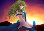  aqua_eyes bad_id bad_pixiv_id bare_shoulders breasts detached_sleeves green_hair homura_(aristocrat-y) kochiya_sanae long_hair medium_breasts sky smile solo star_(sky) starry_sky sunset touhou 