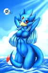  anthro arms_behind_head avian beak bird blue blue_body blue_hair breasts duck female front golduck hair looking_at_viewer mnxenx001 nintendo nude pok&#233;ball pok&#233;mon pok&#233;morph pok&eacute;ball pok&eacute;mon pussy red_eyes signature solo standing tail_between_legs video_games water wet 