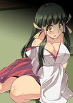  arcana_heart bare_shoulders black_hair blush breast_hold breasts brown_eyes cleavage hair_ribbon hakama japanese_clothes kasuga_maori large_breasts long_hair miko off_shoulder red_hakama ribbon solo utamaro 