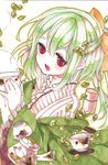  bad_id bad_pixiv_id bow cup green_hair hair_bow highres leaf moriyama_shijimi open_mouth original red_eyes solo teacup teapot traditional_media 