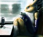  blue_mood cafe canine digimon exr_xerox female fox hi_res indoors raining renamon sitting solo tea window 