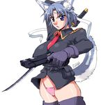  blue_eyes canine dog dog_ears doggirl female gun mammal panties plain_background ranged_weapon solo sword tail underwear unknown_artist weapon white_background 