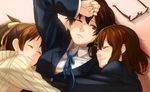  brown_eyes brown_hair closed_eyes eyewear_removed fukutarou_(enji127) girl_sandwich glasses hirasawa_ui hirasawa_yui hug k-on! lying manabe_nodoka multiple_girls one_eye_closed ponytail sandwiched school_uniform short_hair sleeping smile 