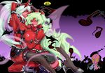  blush breasts demon_girl fastener glasses horns kneesocks_(character) kneesocks_(psg) large_breasts nipple nipples otzer panty_&amp;_stocking_with_garterbelt red_skin scanty scanty_(psg) smile tail 