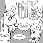  black_and_white curtains derp_eyes derpy_hooves_(mlp) dialog doctor_who doctor_whoof_(mlp) doctor_whooves_(mlp) earth_pony english_text equine eyup female feral freckles friendship_is_magic group gtfo horse madmax male mammal monochrome my_little_pony object_in_mouth open_mouth pegasus police_box pony stalker stalking tardis text wedding_dress window wings 