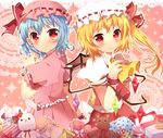  ao_ringo ascot back-to-back blonde_hair blue_hair blush candy flandre_scarlet food hat multiple_girls pillow red_eyes remilia_scarlet siblings side_ponytail sisters stuffed_animal stuffed_toy teddy_bear touhou wings 