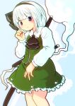  1girl ascot bangs black_ascot black_hairband blue_background blush buttons closed_mouth collar collared_shirt danpey dress eyebrows_visible_through_hair ghost ghost_print green_dress hairband hand_on_own_face hand_up highres katana konpaku_youmu konpaku_youmu_(ghost) long_sleeves looking_down looking_to_the_side one-hour_drawing_challenge polka_dot polka_dot_background puffy_long_sleeves puffy_sleeves purple_eyes shadow shirt short_hair simple_background solo standing sword touhou weapon white_hair white_shirt 