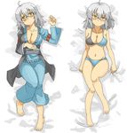  1girl ahoge barefoot bikini blush breasts cleavage dakimakura frown genderswap glasses head_tilt highres japanese_clothes large_breasts lying mimu362 morichika_rinnosuke navel open_clothes open_shirt shirt short_hair simple_background solo sweatdrop swimsuit touhou white_hair yellow_eyes 