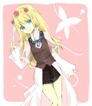  bad_id bad_pixiv_id blonde_hair blue_eyes braid bug butterfly coat feathers flower hair_ornament hairpin insect jewelry long_hair necklace pink_background shirley_fennes shorts sidelocks simple_background smile solo tales_of_(series) tales_of_legendia touyama_soboro 