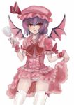  bad_id bad_pixiv_id bat_wings cup dress dress_lift drinking_glass fangs hat panties panzer purple_hair red_eyes remilia_scarlet short_hair slit_pupils solo striped striped_panties thighhighs touhou underwear white_legwear wine_glass wings wrist_cuffs 