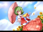  ascot cloud day ekus_(xo_ekus) fingernails flower green_hair kazami_yuuka lens_flare letterboxed long_fingernails nail_polish parasol petals plaid plaid_skirt plaid_vest reaching red_eyes short_hair skirt skirt_set smile solo sun sunflower touhou umbrella vest 