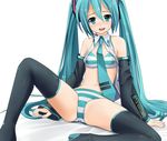  aqua_eyes aqua_hair bed blush bra breasts eto female gradient gradient_background hatsune_miku long_hair navel no_pants open_clothes open_shirt panties shirt sitting small_breasts small_tits solo striped striped_panties thighhighs twintails underwear vocaloid white_background 