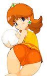  ass atomikan bad_id bad_pixiv_id blue_eyes brown_hair buruma crown earrings flipped_hair jewelry looking_back mario_(series) princess_daisy solo super_mario_bros. volleyball white_background 