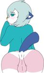  anus ass balls blue_eyes blush boy butt clothing daniruu femboy freckles furry girly hair male mammal mijumaru mustelid nintendo oshawott otter plain_background pok&#233;mon pok&#233;morph pokemon shirt short_hair shy silver_hair solo tail trap underwear video_games white_background 