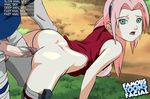  arched_back ass forest gloves green_eyes hanging_breasts long_hair medium_breasts naruto nervous open_shirt penis pink_hair sakura_haruno shirt_lift teasing 