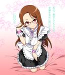  apron bespectacled brown_hair dress frills glasses idolmaster idolmaster_(classic) kneeling long_hair maid marugoshi_teppei minase_iori red_eyes solo translated 