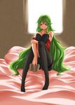  backlighting bad_id bad_pixiv_id bed black_legwear blush book bra breasts cleavage feet green_hair highres kazami_yuuka kazami_yuuka_(pc-98) large_breasts lingerie long_hair off_shoulder open_clothes open_shirt panties panties_under_pantyhose pantyhose plaid plaid_vest red_eyes seductive_smile shirt smile solo strap_slip thighband_pantyhose touhou touhou_(pc-98) underwear very_long_hair vest yamane_akira 