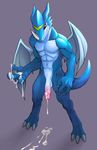  after_masturbation balls blue_body claws cum cum_on_hand digimon dragon exveemon fangs flaccid horn male markings penis red_eyes solo unknown_artist wings 