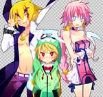  2boys akutare_(disgaea) blonde_hair blue_eyes braid disgaea emizel_(disgaea) green_shirt hair_tubes hood hoodie jacket long_hair lotton makai_senki_disgaea_4 multiple_boys open_clothes open_jacket pants pink_hair pointy_ears purple_pants red_eyes shirt short_hair tabard vulcanus_(disgaea_4) wings 