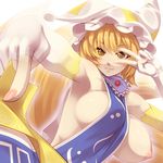  areolae armpits blonde_hair breast_slip breasts covered_nipples elbow_gloves fingerless_gloves foreshortening fox_tail gloves hands hat highres large_breasts multiple_tails naked_tabard nipples ofuda one_breast_out short_hair sideboob smile solo symbol-shaped_pupils tabard tail touhou tro upper_body v v_over_eye white_gloves yakumo_ran yellow_eyes 