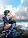  1998 anry bishoujo_senshi_sailor_moon blue_eyes blue_hair boots breasts cleavage cloud clouds jacket knee_boots mizuno_ami ocean oldschool outdoors outside painting realistic rock sailor_mercury scarf sea seaside tiara wind 