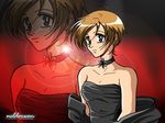  bare_shoulders black breasts brown_hair choker cleavage dress female flower green_eyes kanzaki_hitomi red shine short_hair shy smile solo strapless strapless_dress tenkuu_no_escaflowne 