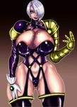  akatsuki_giken areola_slip areolae armor blue_eyes breasts cleavage cum cum_on_body cum_on_breasts cum_on_clothes cum_on_lower_body cum_on_upper_body curvy erect_nipples eyeshadow facial female gauntlet gauntlets gloves gradient gradient_background hair_over_one_eye hand_on_thigh highres hips huge_breasts isabella_valentine ivy latex leotard lipstick makeup namco plump purple_hair short_hair smile solo soul_calibur soulcalibur_i standing thighhighs thighs wide_hips 