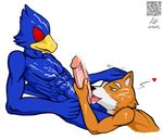  anthro avian biceps canine cum cumshot duo erection falco_lombardi fellatio fox fox_mccloud gay interspecies kp-yoshi male mammal muscles nintendo oral oral_sex orgasm pecs penis plain_background sex star_fox video_games white_background 