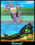  crome dan_bluestone digimon dragon dragoneer_(character) pool reading scalie speedo splash stripes underwear 
