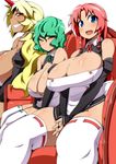  blonde_hair blue_eyes blush braid breasts brown_eyes cleavage cosplay dark_skin dream_c_club dream_c_club_(series) fang futaba_riho futaba_riho_(cosplay) green_hair grin hong_meiling horn hoshiguma_yuugi huge_breasts kazami_yuuka long_hair multiple_girls open_mouth red_hair rui_(dream_c_club) rui_(dream_c_club)_(cosplay) sitting smile thick_thighs thighhighs thighs toudori touhou twin_braids v_arms white_legwear 