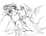  black_nipples breast_grab breasts canine clothed clothing desk eyewear feline female glasses hair half-closed_eyes kissing lesbian lion lioness mammal naughty_face nipples raised_shirt saliva shirt shirt_lift short_hair side_view sketch tiger tongue wolfkidd zhora 